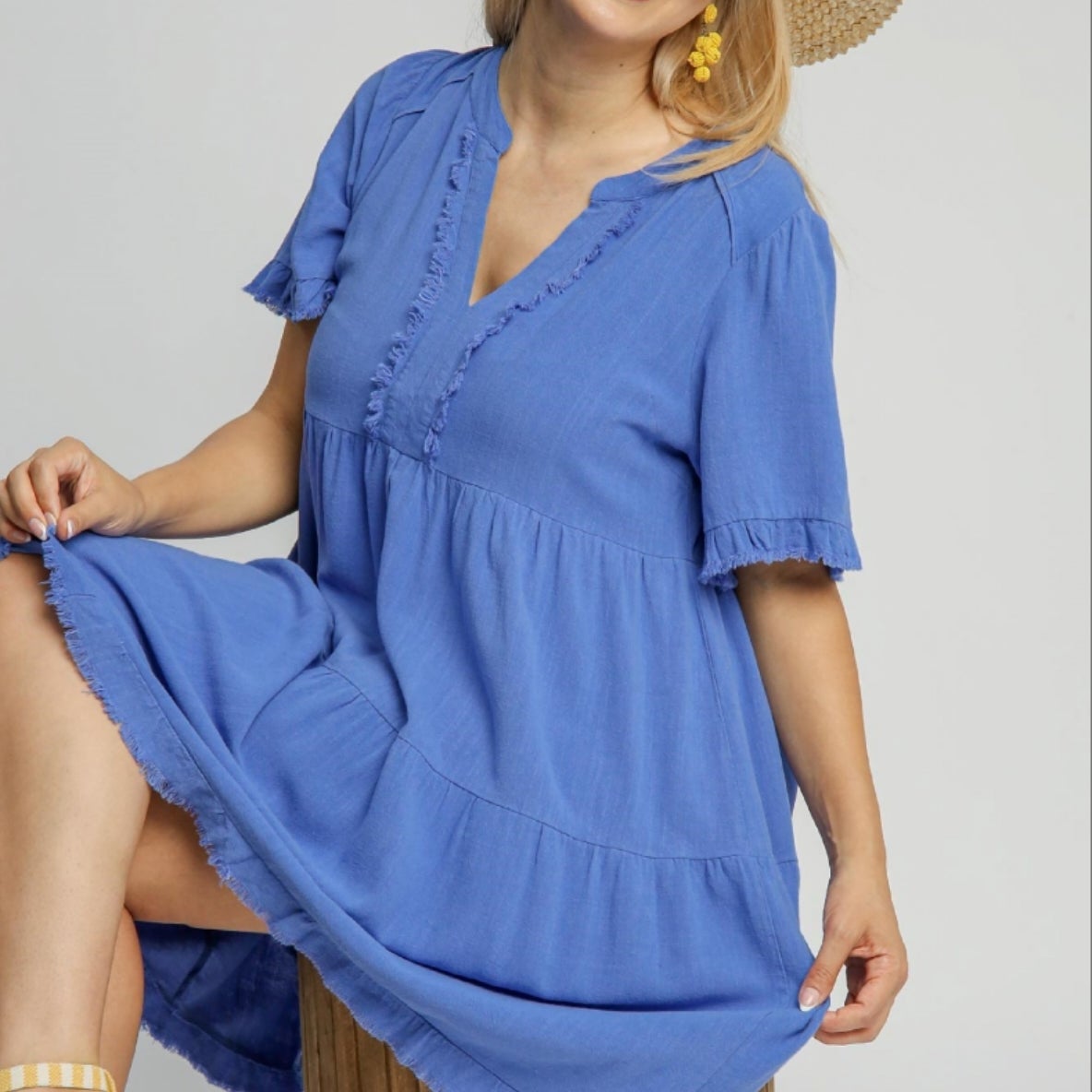 Linen Tiered Fray Detail Dress-Orchid Blue | The Bottom of the Barrel Linen Tiered Fray Detail Dress-Orchid Blue | The Bottom of the Barrel